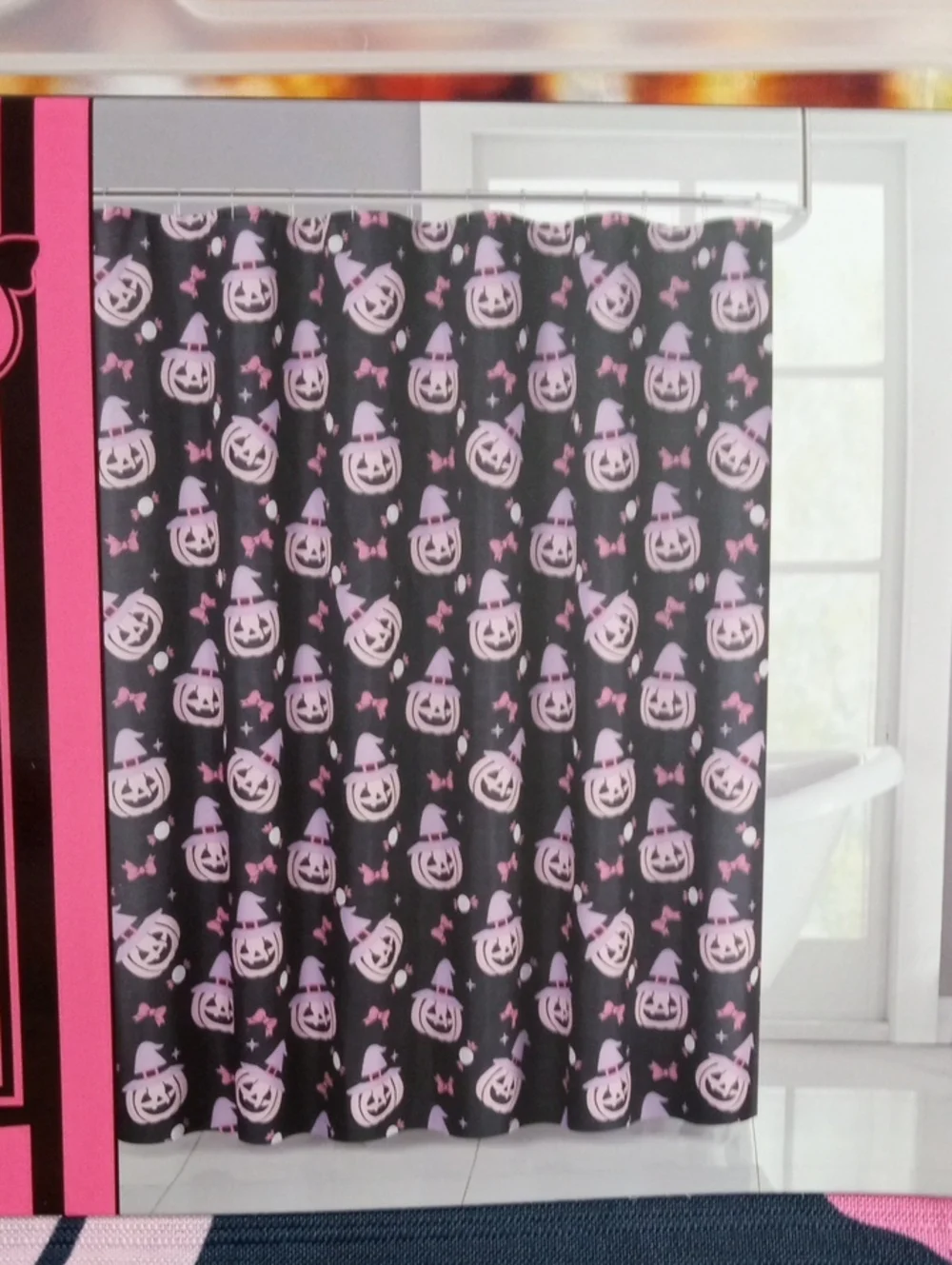 👻🍒 House of Frights Pink & Black Halloween Novelty Shower Curtain